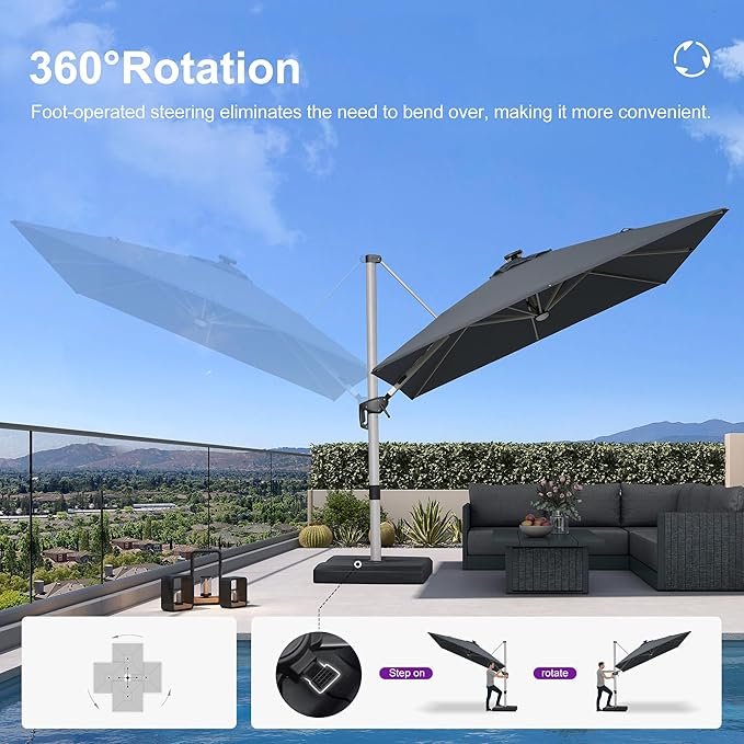 PURPLE LEAF 9' X 12' Patio Umbrella with Lights Outdoor Rectangle Cantilever Umbrella Solar Powered LED with 360-degree Rotation for Garden Deck Pool Patio, Grey