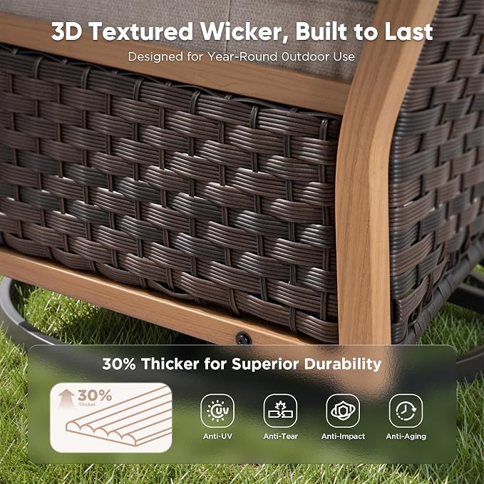 Belord Upgraded 6" Cushion Luxury 3-Seater Outdoor Couch, Wicker Patio Sofa with 6-Inch Thick Cushions, All Weather Rattan Conversation Set Furniture for Balcony Porch Deck Yard, Wood & Beige