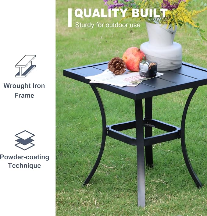 VICLLAX Patio 3 Pieces Outdoor Bistro Side Table Dining Set, Small Patio End Table Square Coffee Table and 2 Swivel Textilene Chairs for Lawn,Garden,Porch,Black/Brown