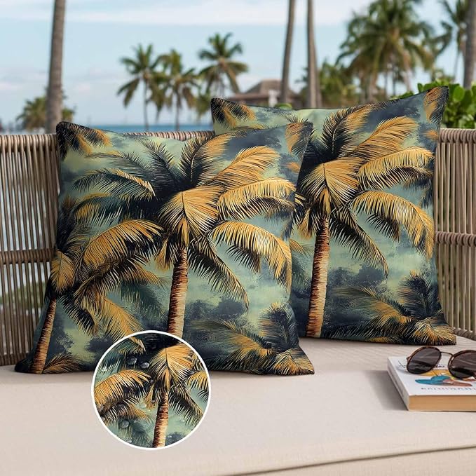 Palm Tree Waterproof Outdoor Pillow Covers Set of 2 Home Decor, Retro Summer Botanical Tropical Plant Leaves Pillowcase Patio Pillow Covers for Couch Bench Furniture Garden 20x20in