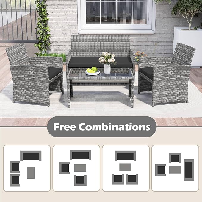 RELAX4LIFE 4-Piece Patio Furniture Set - Wicker Rattan Outdoor Sectional Sofa Set w/Glass Coffee Table, Loveseat, 2 Single Chairs & Soft Cushions, Bistro Conversation for Garden Porch (1, Black)