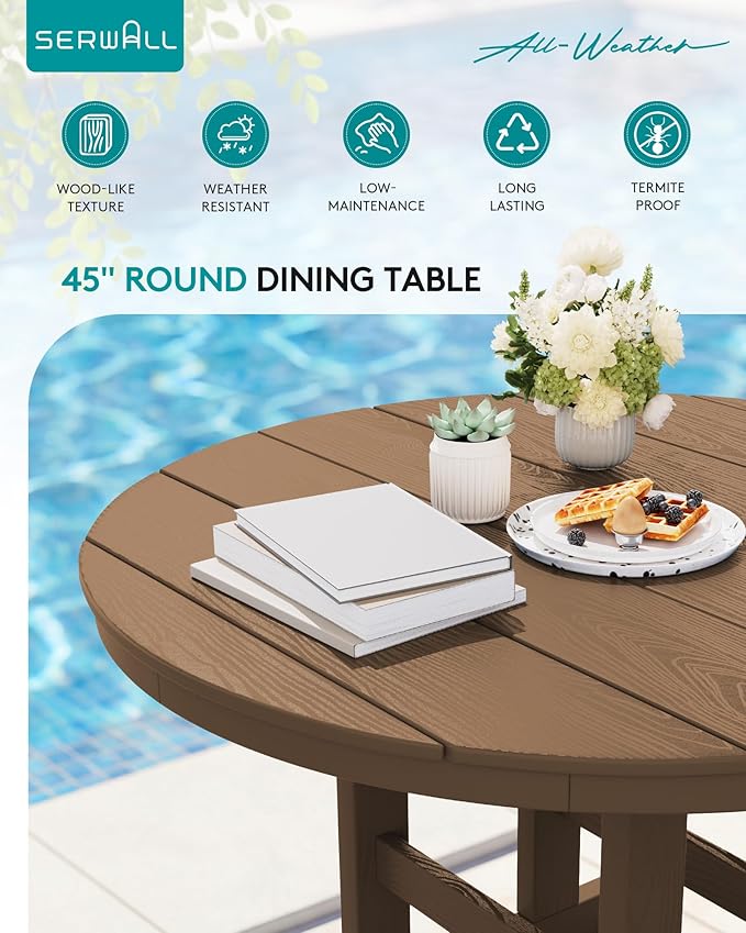 SERWALL 6-Piece Patio Dining Sets, HDPE Outdoor Table and Chairs Furniture Set with Umbrella, 45" Round Dining Table & 4 Dining Chairs & 1 9FT Umbrella, Brown(Not Include Umbrella Base)