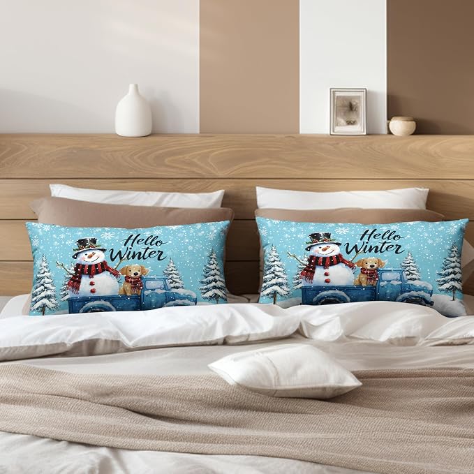 Set of 2 Blue Truck with Snowman Puppy Dog Rectangle Pillowcase Hello Winter Lumbar Pillow Covers 12x20 Snowflakes Snowman Waist Cushion Case for Living Room Bedroom Couch Sofa