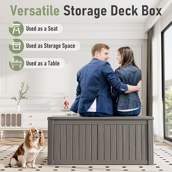 Outdoor Storage Box, 120 Gallon Deck Box, Resin Waterproof Outside Storage Bench, Outdoor Storage Cabinet With Lockable Lid, Backyard Deck Box For Garden Tools, Patio Cushions, Pool Accessories