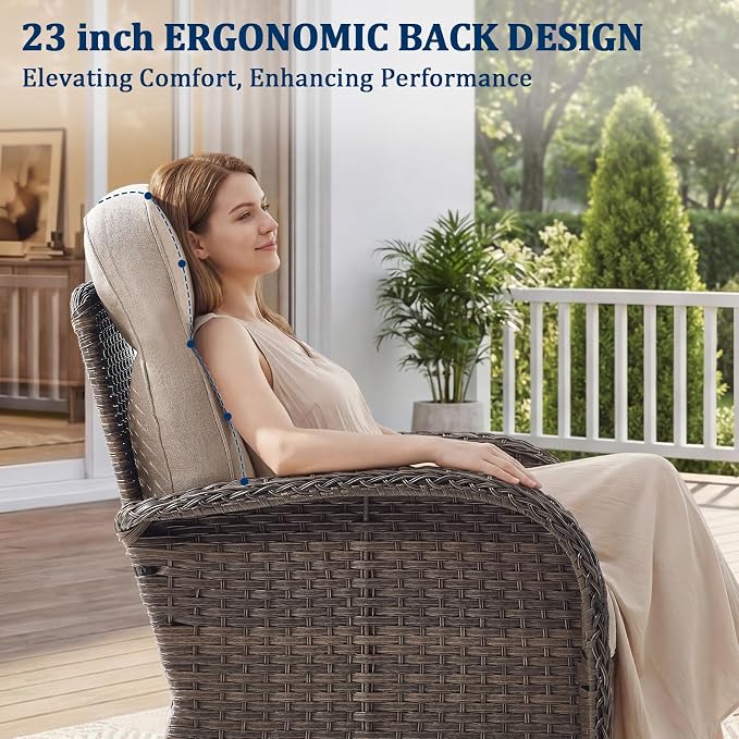 Outdoor Swivel Rocking Chair Patio Set (9pcs) High-Back - Thick Cushion Swivel Rocking Chair Patio with Fire Table Set, All-Weather Wicker Patio Furniture Set, Suitable for Balcony Patios, Brown/Beige