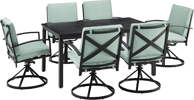 Crosley Furniture Kaplan 7-Piece Outdoor Dining Set for 6, Patio Table and Chairs for Backyard, Deck, Oiled Bronze with Mist Cushions