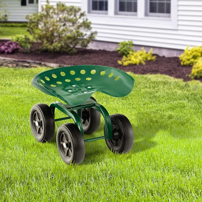 Garden Cart with Seat, Heavy-Duty Rolling Outdoor Wagon Scooter w/Height Adjustable & 360° Swivel Seat, Gardening Work Seat Stool, Patio Scooter on Wheels for Lawn Yard Planting (Green)