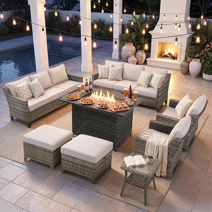Belord Patio Wicker Swivel Rocker Patio Chairs with 3-Seater Sofa and 42.5" Fire Pit Table, Outdoor Furniture Set for Deck Porch Poolside, 8 Piece Patio Conversation Furniture Set,Beige