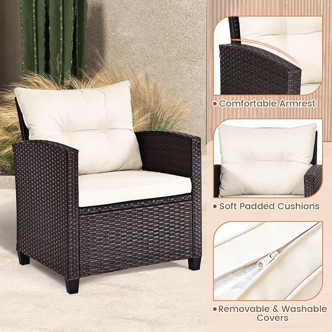 3-Pieces Patio Furniture Set, PE Wicker Chairs Sofa Set with Removable Cushions & Glass Top Side Table, Outdoor Wicker Rattan Conversation Chair for Porch,Backyard, Balcony (White)