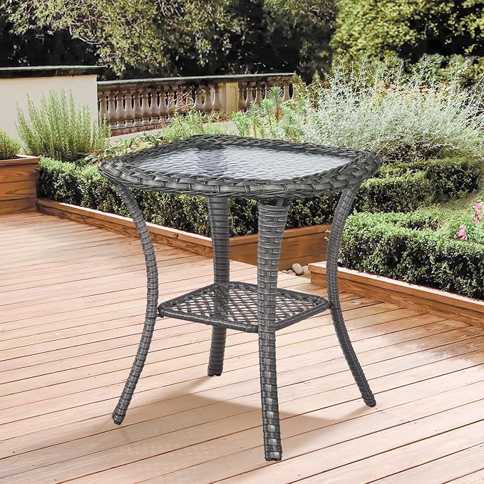 Patio Loveseat Glider Set, Resin Wicker Loveseat Glider with 2 Swivel Patio Chiars Coffee Table and Side Table, 5 Piece Patio Furniture Set Loveseat Set, Grey Wicker|Blue Cushions