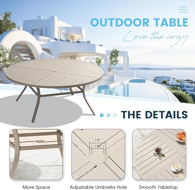 9 Pieces Patio Furniture Dining Set, 8 Textilene Swivel Dining Chairs, 60" Outdoor Round Metal Table with 1.57" Umbrella Hole, Outdoor Dining Set for Porch, Lawn, Garden, Sand/Sand