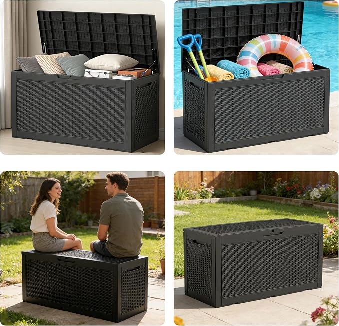 100 Gallon Resin Deck Box All Weather Outdoor Storage Box for Patio Furniture, Garden Tools, Lockable, Black