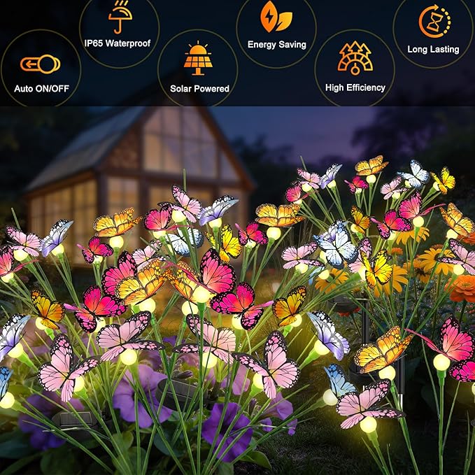 Vivideal Solar Butterfly Lights Outdoor, 2 Pack 16 LED Solar Garden Lights with 2 Modes, IP65 Waterproof Solar Powered Lights for Outside Garden Yard Patio Pathway Decorations