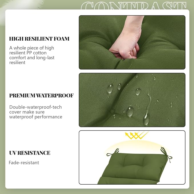 Kigley 2 Pcs Outdoor Chaise Lounge Cushions with 3 Side Pocket 74.5 x 22 x 4.7 Inch Patio Chaise Lounge Cushion, Water-Repellent and Fade-Resistant Tufted Summer Replacement(Moss Green, Solid Color)