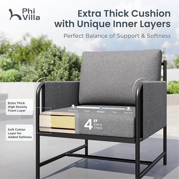 PHI VILLA Patio Furniture Set,Iron Metal Outdoor Furniture Set with Coffee Table, Thick Cushions and Fabric Covered Armrests, Deep Outdoor Sofa for Garden/Porch/Deck（Backyard ICON Collection）