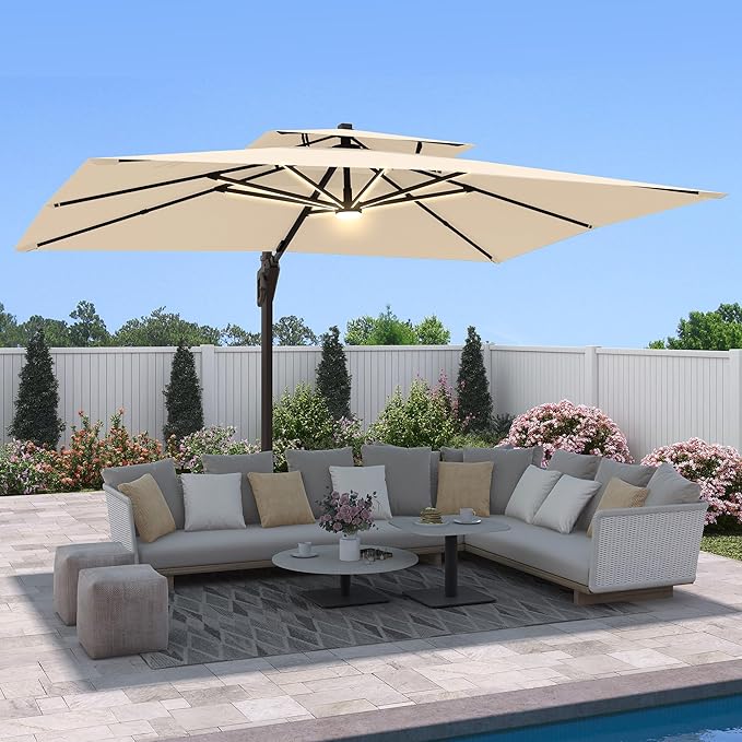 9 X 12 FT Cantilever Outdoor Patio Umbrella with Base Included Large Heavy Duty 360° Rotation Double Top Offset Rectangular Umbrellas with LED Lights for Backyard Outside Deck, Beige