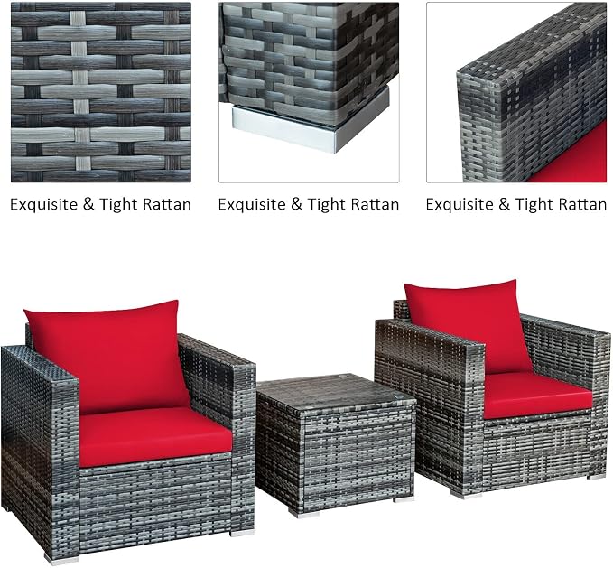 3 PC Patio Rattan Furniture Bistro Set Cushioned Sofa Chair Table Red