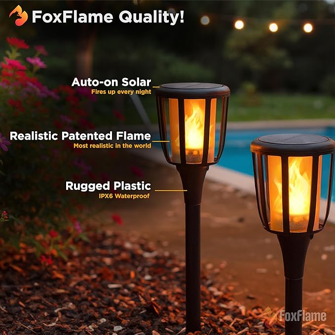 FoxFlame Solar Landscape Lights Rustic - Realistic Flickering Flame Patented LED, Adjustable Height, Pathway Lights Solar Powered Torch with Poles for Garden, Yard, and Patio Decor (4 Pack)