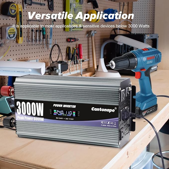 Cantonape 3000W Power Inverter 24V to 110V/120V DC to AC with LCD Display, Remote Controller and 4 x AC Outlets Car Adapter for Car Truck Boat RV Off Grid Solar System