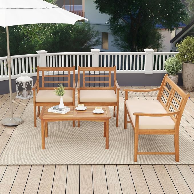 RELAX4LIFE Wood Patio Furniture Set - 4-Piece Outdoor Furniture w/Seat Cushions & Coffee Table, Loveseat Sofa Set for Balcony Porch Deck Poolside Backyard, Acacia Wood Conversation Set (Off White)
