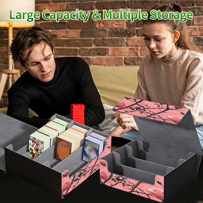 Large Card Deck Box for MTG, Fits 1200+ Sleeved Cards, PU Leather Storage Case with Strong Magnetic Closure, Multiple Colors for TCG CCG Baseball Card Collections, Pink Flower Tree