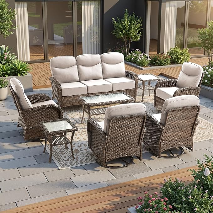 High Back Luxury Patio Furniture Set with 6-inch Thick Cushion, Swivel Rocker Patio Chairs Set of 4 with Outdoor Couch, 8 Piece Wicker Conversation Set for Deck Yard Garden Balcony Beige