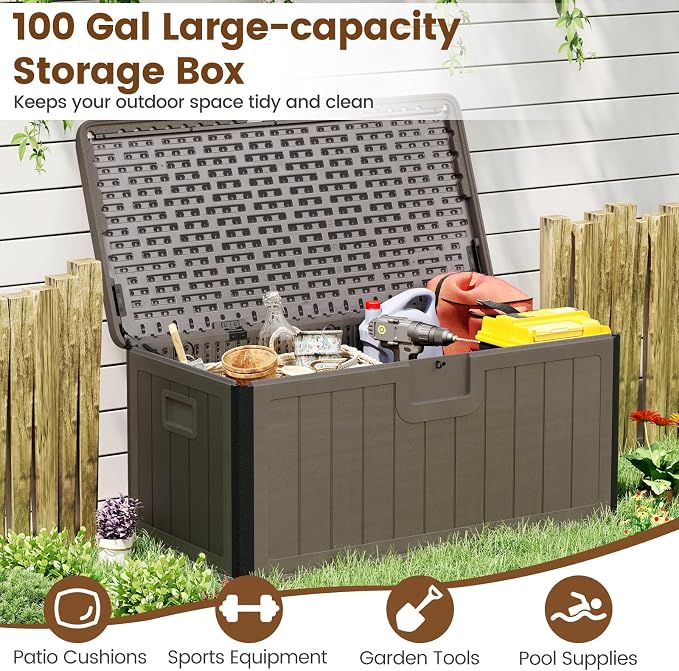 Giantex 100 Gallon Deck Box, Waterproof Resin Box with Lockable Lid, 440Lbs Outdoor HDPE Storage Container Bench for Patio Furniture Cushions, Pool Tools & Garden Accessories (Brown)