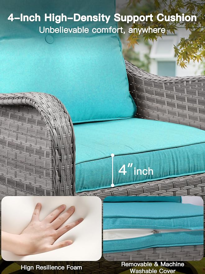 10-Piece Outdoor Conversation Set with 43" Fire Pit Table, 6 Swivel Rocking Chairs (4" Cushions) & 3 Side Tables, All-Weather PE Rattan & Steel Frame for Porch, Deck, Backyard, Turquoise