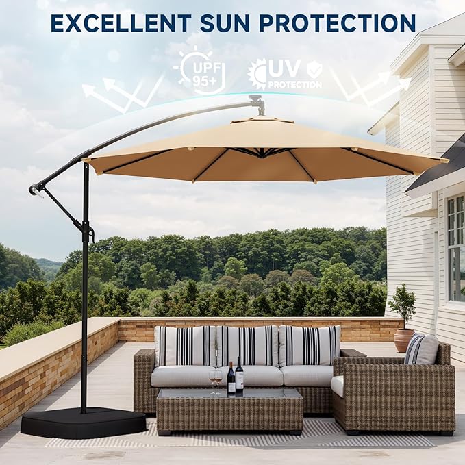 10FT Patio Umbrella with Base Included, Outdoor Offset Cantilever Umbrella, Infinite Tilt, UV Protection for Backyard, Lawn, Garden & Pool