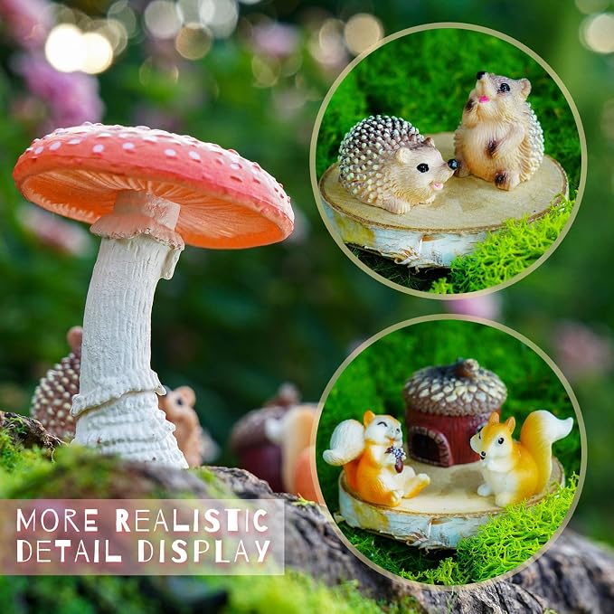 Fairy Garden Accessories, 7 Pieces Squirrel & Hedgehog Resin Figures with Acorn & Mushroom, Handmade Miniature Decor, Garden Miniatures and Home Decorations, Perfect DIY Gift
