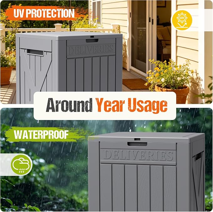 Flamaker 50 Gallon Deck Box, Package Delivery Box for Outside, Outdoor Package Drop Container for Gifts, Waterproof Plastic Storage Container with Lockable Secure for Porch (Gray)