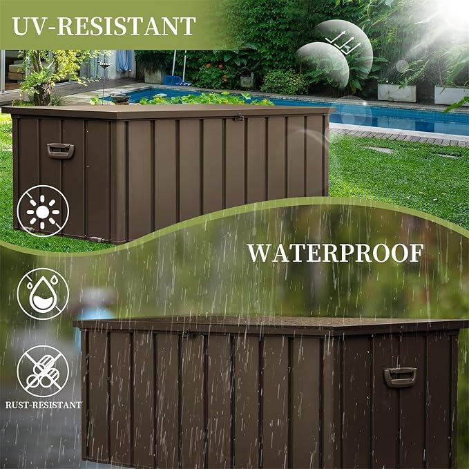 150 Gallon Outdoor Deck Box, Metal Lockable Storage Cabinet with Mobility Rollers & Side Handles, Waterproof Steel Bench for Patio Outside Furniture Cushions,Pillows,Garden Tools (Brown)