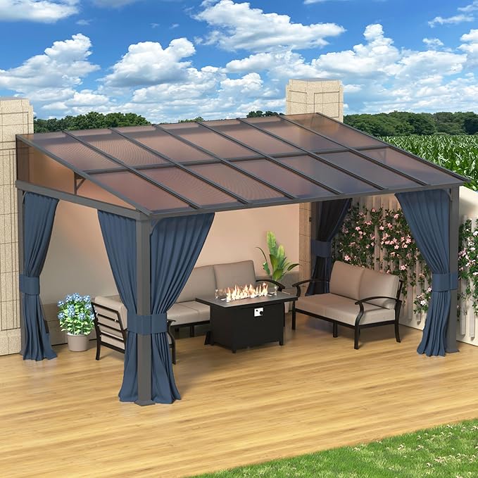 10' x 14' Lean to Gazebo,Large Wall Mount Heavy Duty Gazebos Pavilion,Outdoor Hardtop Pergola Shelter with Curtains and Netting,Sunshade for Patio Garden Lawn Backyard Deck,Navy Blue