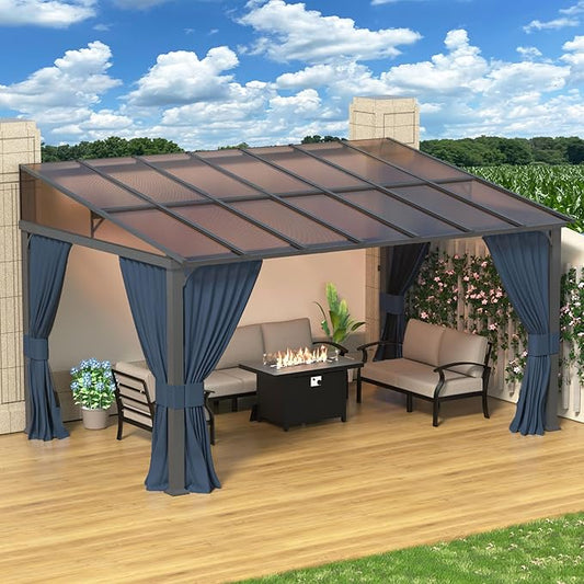 10' x 14' Lean to Gazebo,Large Wall Mount Heavy Duty Gazebos Pavilion,Outdoor Hardtop Pergola Shelter with Curtains and Netting,Sunshade for Patio Garden Lawn Backyard Deck,Navy Blue
