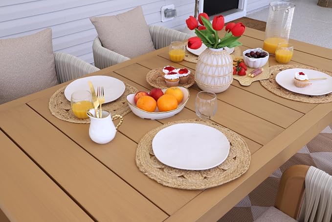 PURPLE LEAF Outdoor Dining Set for 8 with Blended Olefin Cushion Aluminum Luxury Patio Furniture Table and Chairs Set All Weather Wicker Patio Dining Sets for Backyard Garden Deck Pool, Teak