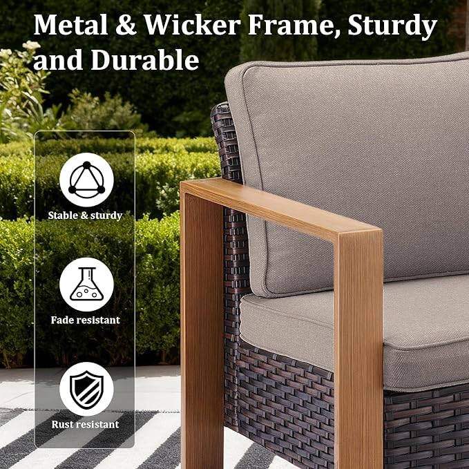 Outdoor Swivel Rocker Patio Chairs Set of 3, High Back Swivel Patio Chairs with Side Table & Metal Arm, Wicker Outdoor Bistro Set for Porch, Yard, Deck, Poolside, Grey