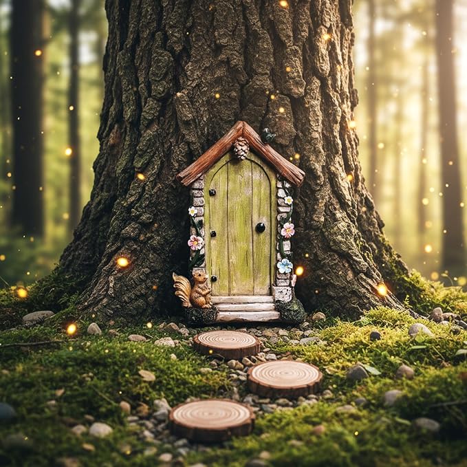 Fairy Door for Trees Outdoor Wooden Miniature Garden Doors Yard Art Sculpture Decoration Mini Fairy Gnome House Accessories for Trunk Ornaments Stump Wall Decor