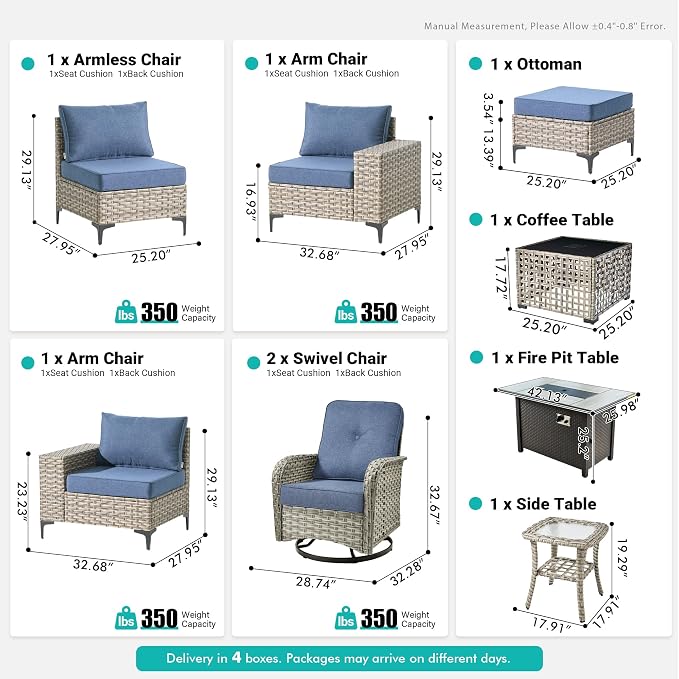 9 Pcs Patio Outdoor Furniture Set - All Weather Wicker Outdoor Sectional Sofa Couch with Swivel Fire Pit Table and Rocking Chairs e,Patio Rattan Conversation Set for Garden Deck Yard,Denim Blue
