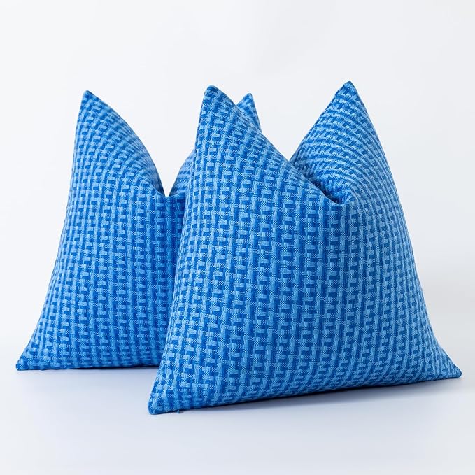 Kevin Textile Outdoor Waterproof 18"x18" Pillow Covers 2 Pack, Blue | Water Resistant Weaving Faux Linen Texture Throw Pillow Covers, Outside Decorative Pillowcases for Garden Patio Balcony Couch