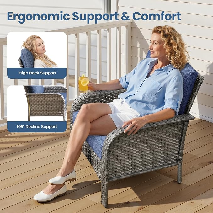 Weaxty Wicker Patio Furniture Set High Back Loveseat Sofa Couch Armchair Coffee Table, All Weather Rattan 4 Pieces Outdoor Conversation Sets for Patio Porch Deck Backyard Poolside, Denim Blue