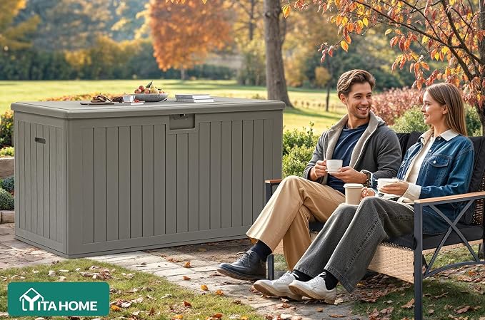 YITAHOME 220 Gallon Extra Large Deck Box, Double-Wall Resin Outdoor Storage Box with Flexible Divider for Patio Cushions Pool Supplies Garden Tools, 990 lbs Load Capacity, Lockable (Light Brown)