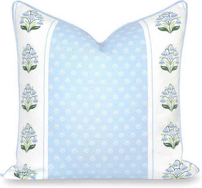 Hofdeco Premium Grandmillennial Coastal Hampton Patio Indoor Outdoor Throw Pillow Cover Only, 20"x20" Water Repellent for Backyard, Couch, Poolside, Blue Green Print Block Striped Lily of the Valley