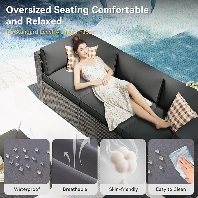 Aoxun Patio Furniture Set, 11 Piece Outdoor Sectional Sofas with Waterprool Cover, 10 Seats Wicker Rattan Outdoor Furniture Patio Conversation Set for Backyard, Garden Dark Grey