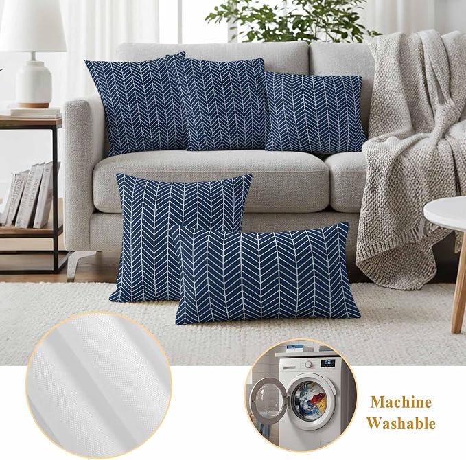 Outdoor Waterproof Throw Pillow Covers Set of 2 Navy Blue Chevron Stripes Pillowcases 20x20 Inches Modern Geometric Texture Decorative Pillows Cushion Case Patio Pillows for Couch Bed Chair Garden