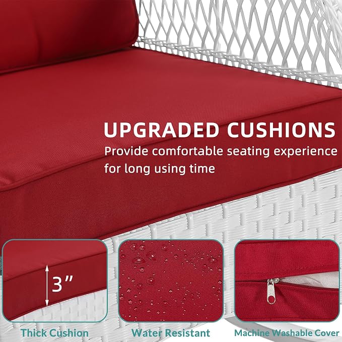 MEETWARM 5 Pieces Outdoor Patio Rattan Furniture Sets, All Weather Patio Wicker Conversation Set - 2 Rocking Swivel Chairs 1 Rattan Loveseat Glider with Cushions, 2 Coffee Table, White Wicker/Red