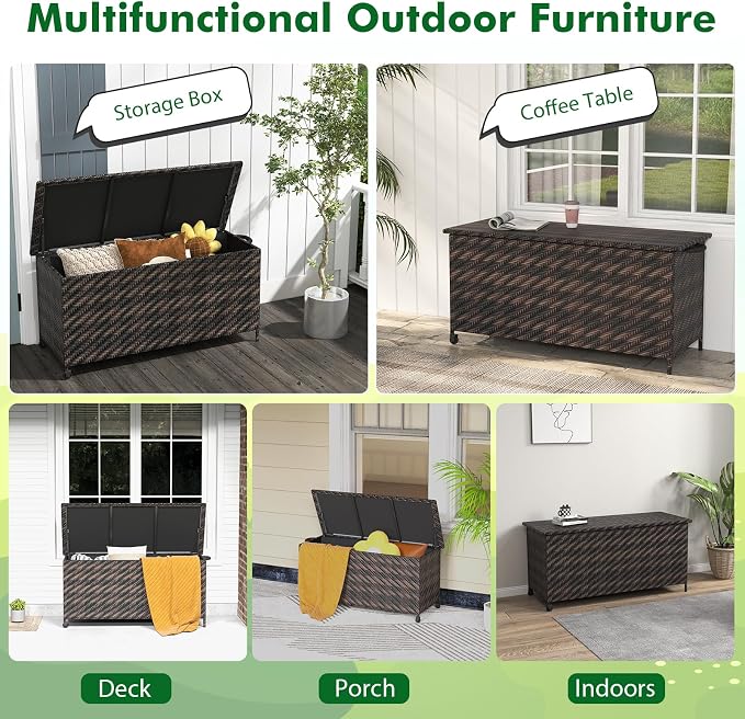 Tangkula Tightly-Woven Rattan Deck Box, Patiojoy Storage Cabinet Container with Polyester Liner, Universal Wheels & Gas Strut, 85 Gallon Indoor Outdoor Storage Box for Pillows, Cushions (Brown)