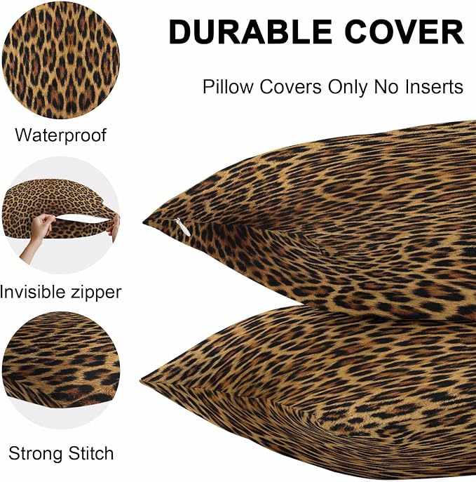 Vandarllin Outdoor Throw Pillows Covers 26x26 inch Set of 2 Waterproof Leopard Print Decorative Zippered Cushion Covers for Patio Furniture, Retro Animal Fur Pattern Lumbar Pillowcases