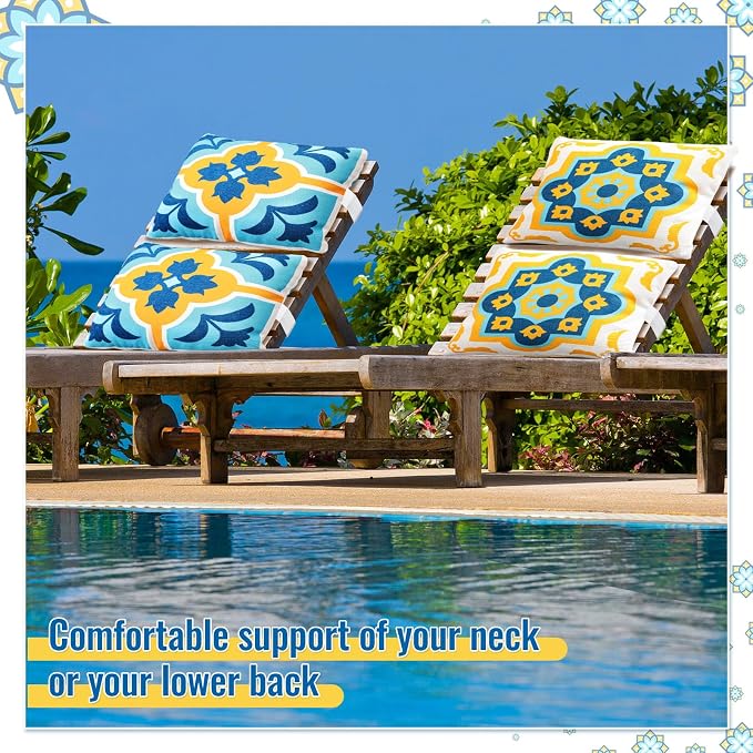 Juexica 2 Pack Chaise Lounge Pillow with Strap Outdoor Waterproof Beach Chair Neck Headrest Pillow Adjustable Elastic Band for Hammock Lumbar Recliner Pillows for Patio Pool Chair(Boho Blue Flower)