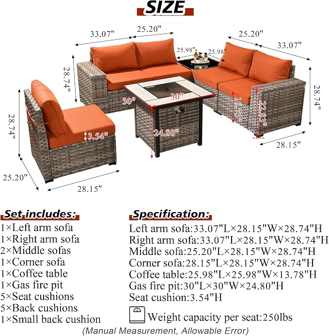 HOOOWOOO Outdoor Patio Sectional Furniture Sofa Set with Propane Gas Fire Pit Table,7 Piece Small Modern Wicker Couch with Widened Armrest,Modular Conversation Seating Set for Out Door(Orange Red)