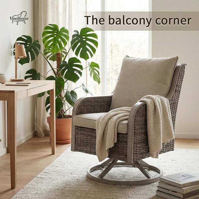 Swivel PE Wicker Chair, Outdoor Patio Chair with 360° Rotation & Water-Resistant Cushion for Porch, Deck, Balcony – All-Weather Handwoven Design (Beige, 1PCS)